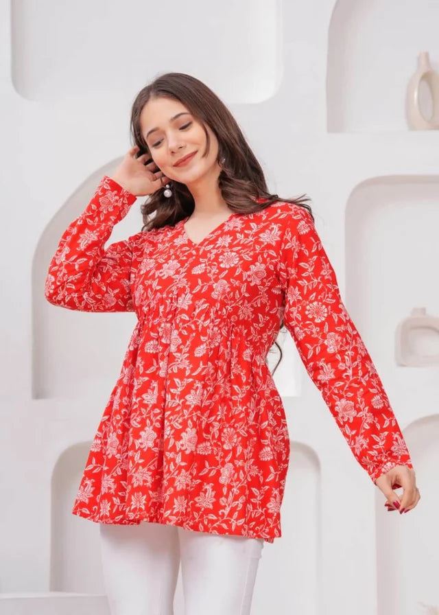 Bright Red Floral Printed Cotton Tunic Top