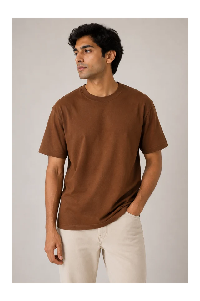 365BC men's coffee brown 240 GSM 100% cotton French Terry oversized T-shirt