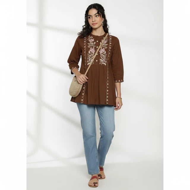 Women’s Yellow Cotton Embroidered Short Top