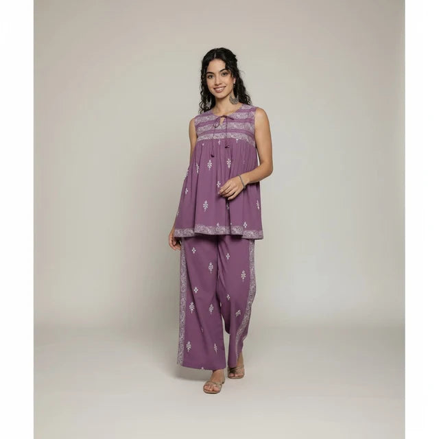 Cotton Co-Ord Set – Elegant Printed Top & Pants (Purple)