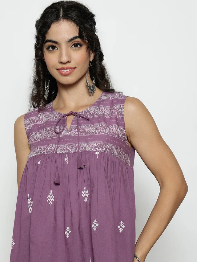 Cotton Co-Ord Set – Elegant Printed Top & Pants (Purple)