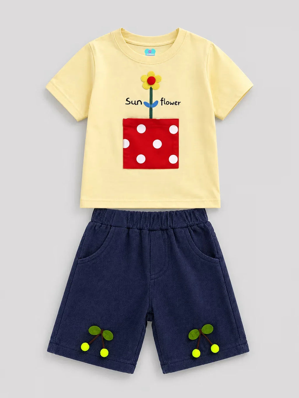Pink Sunflower T-Shirt & Navy Shorts Set for Kids