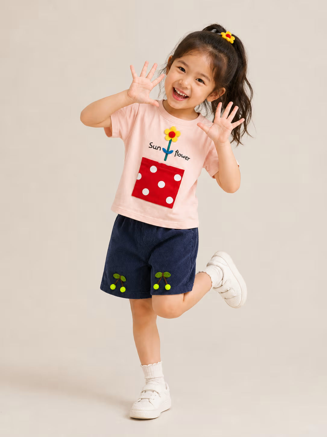 Pink Sunflower T-Shirt & Navy Shorts Set for Kids