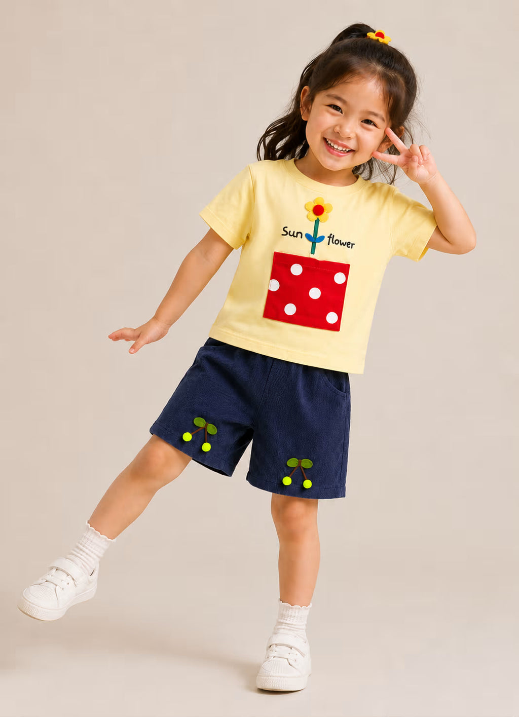 Pink Sunflower T-Shirt & Navy Shorts Set for Kids
