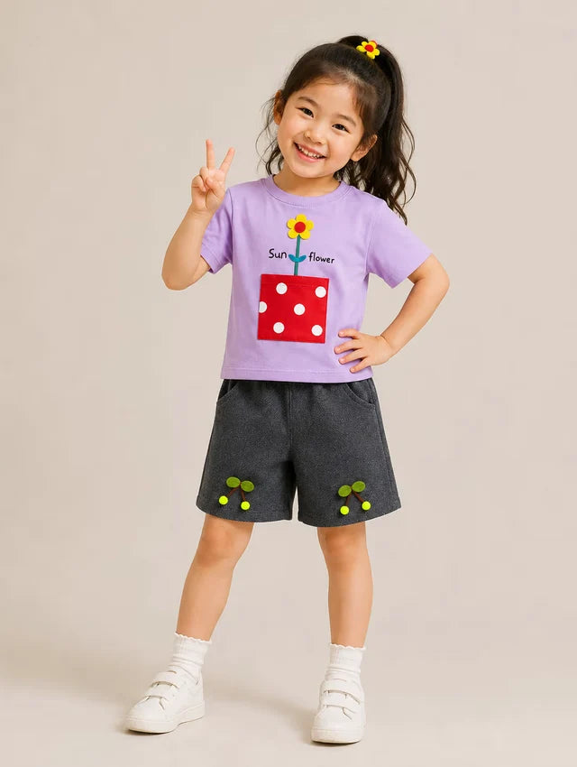 Pink Sunflower T-Shirt & Navy Shorts Set for Kids