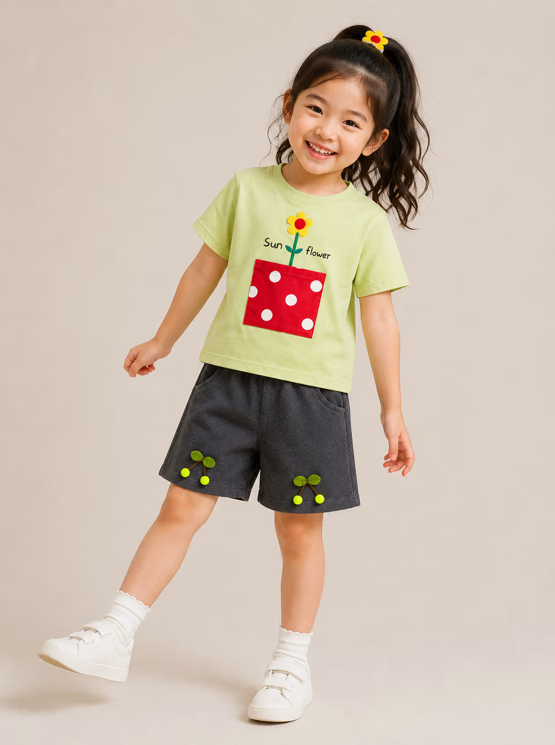 Pink Sunflower T-Shirt & Navy Shorts Set for Kids
