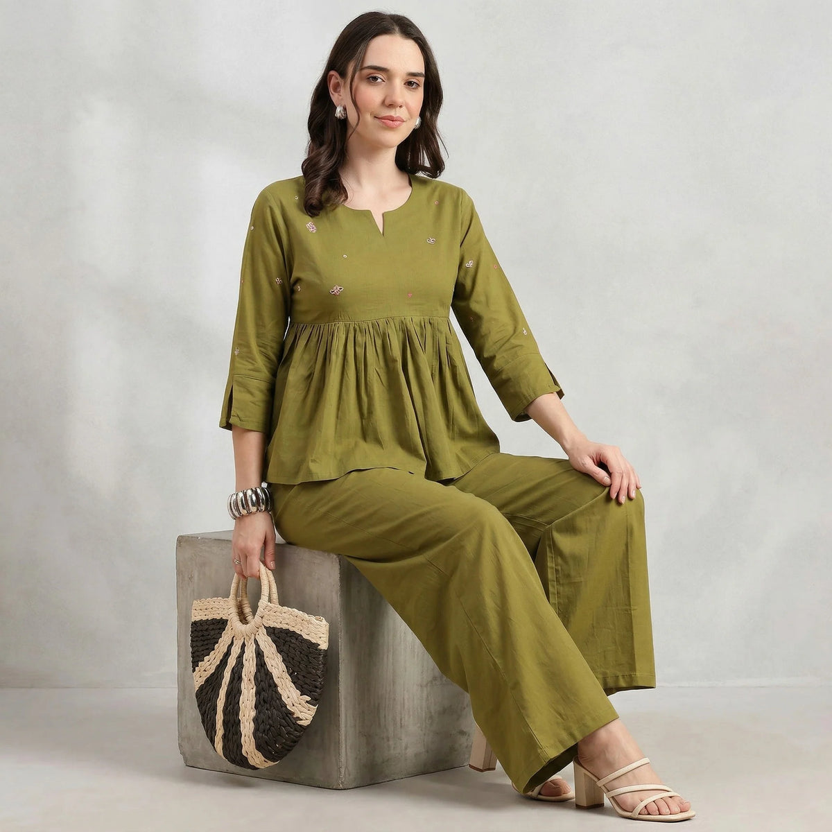 Cotton Co-Ord Set – Blue Top & Wide Pants