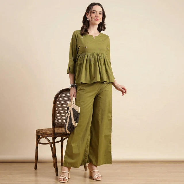 Cotton Co-Ord Set – Blue Top & Wide Pants