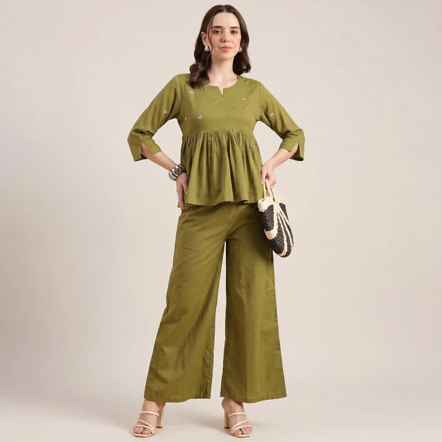 Cotton Co-Ord Set – Blue Top & Wide Pants