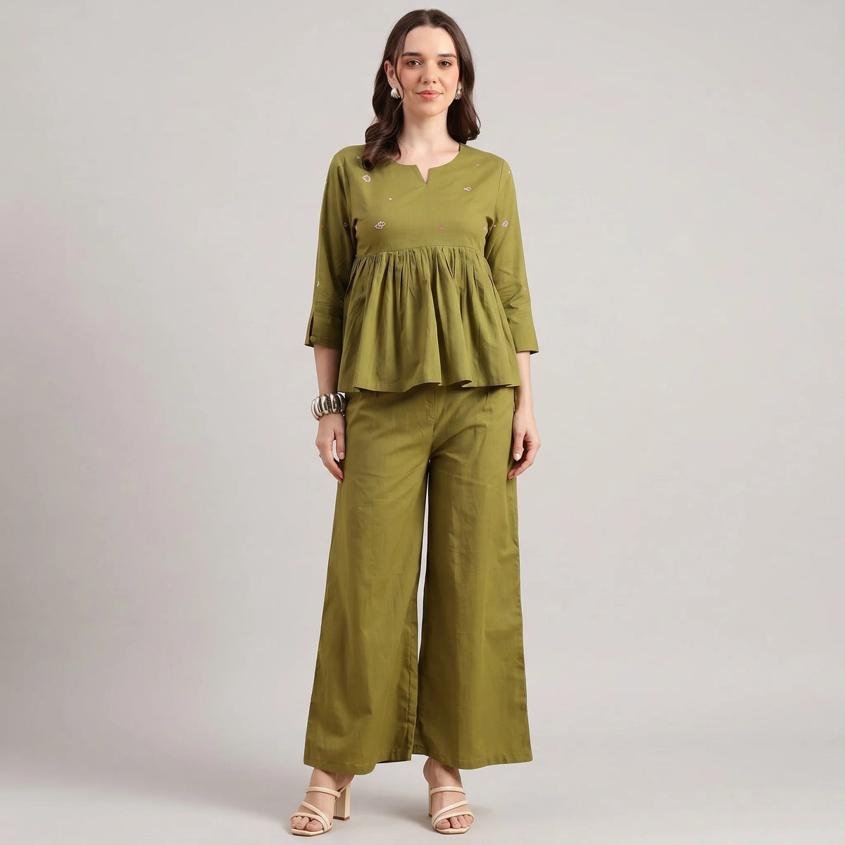 Olive green cotton co-ord set for women with printed top and wide-leg pants