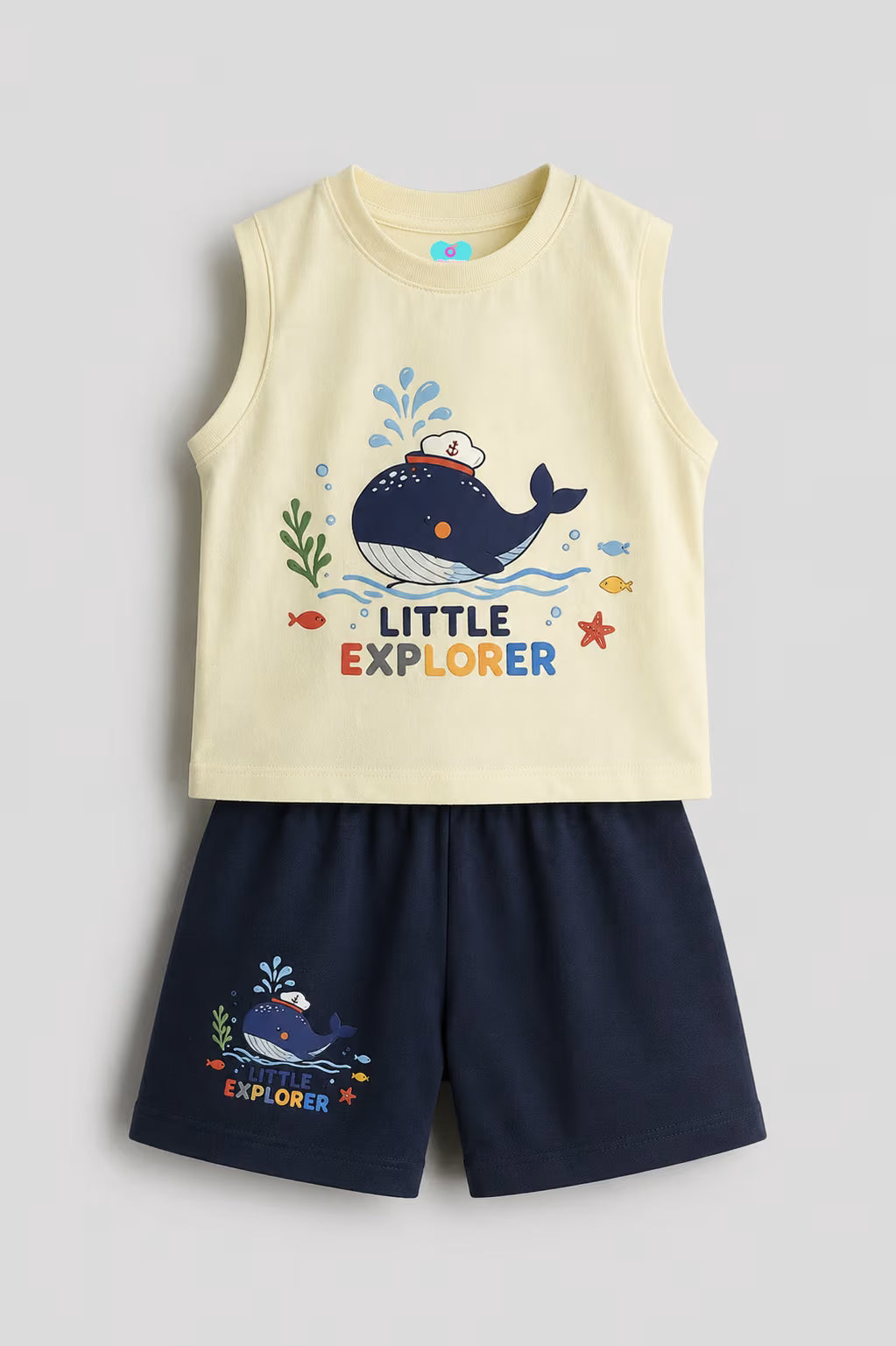 Little Explorer whale printed cotton co-ord set for boys
