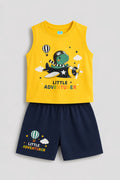 Yellow dinosaur printed co-ord set for boys with navy shorts