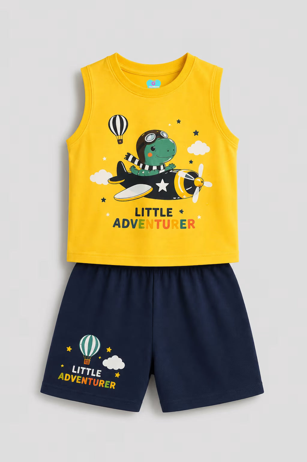 Yellow dinosaur printed co-ord set for boys with navy shorts