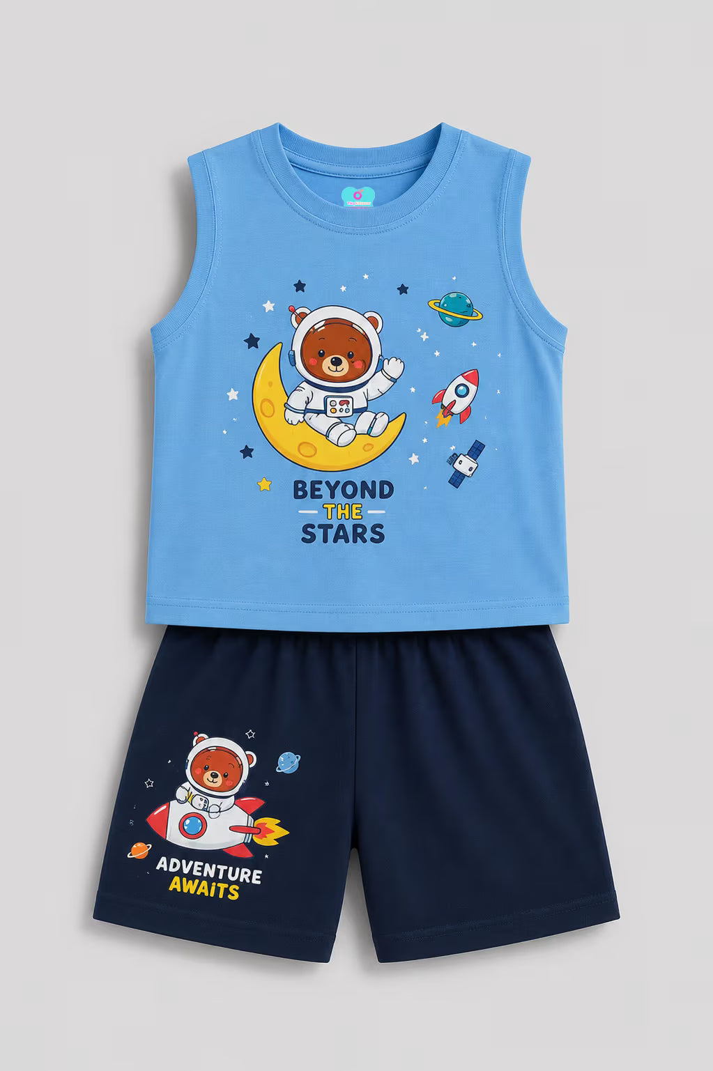 Blue astronaut printed cotton co-ord set for boys with navy shorts