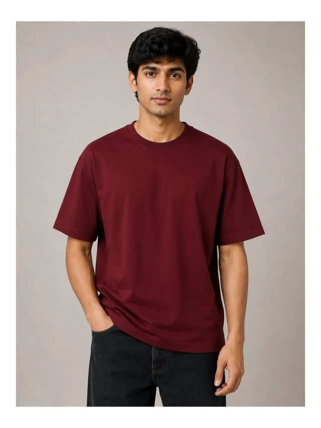 365BC men's maroon 240 GSM 100% cotton French Terry oversized T-shirt