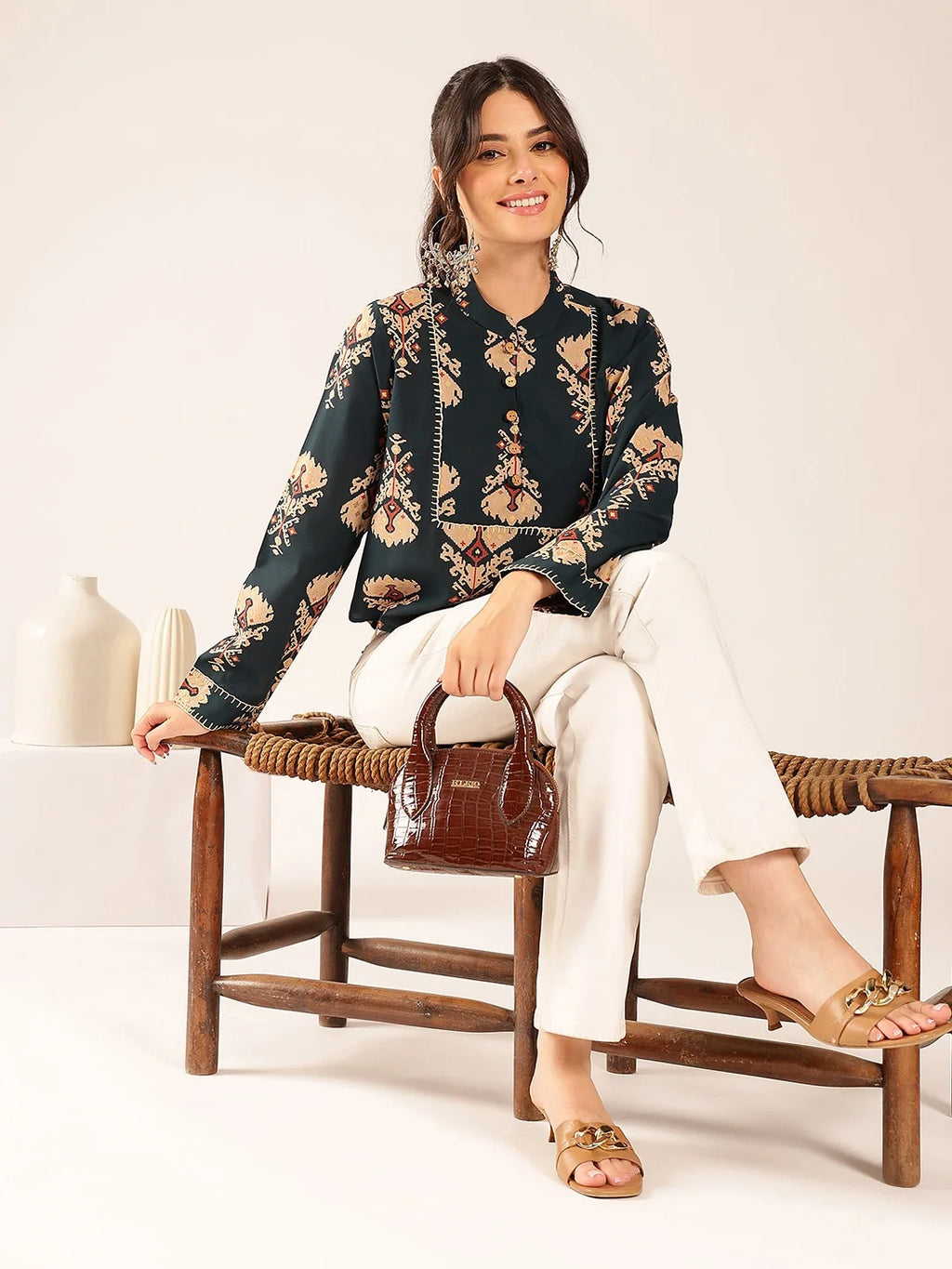 Premium Olive Green Cotton Printed Top for Women