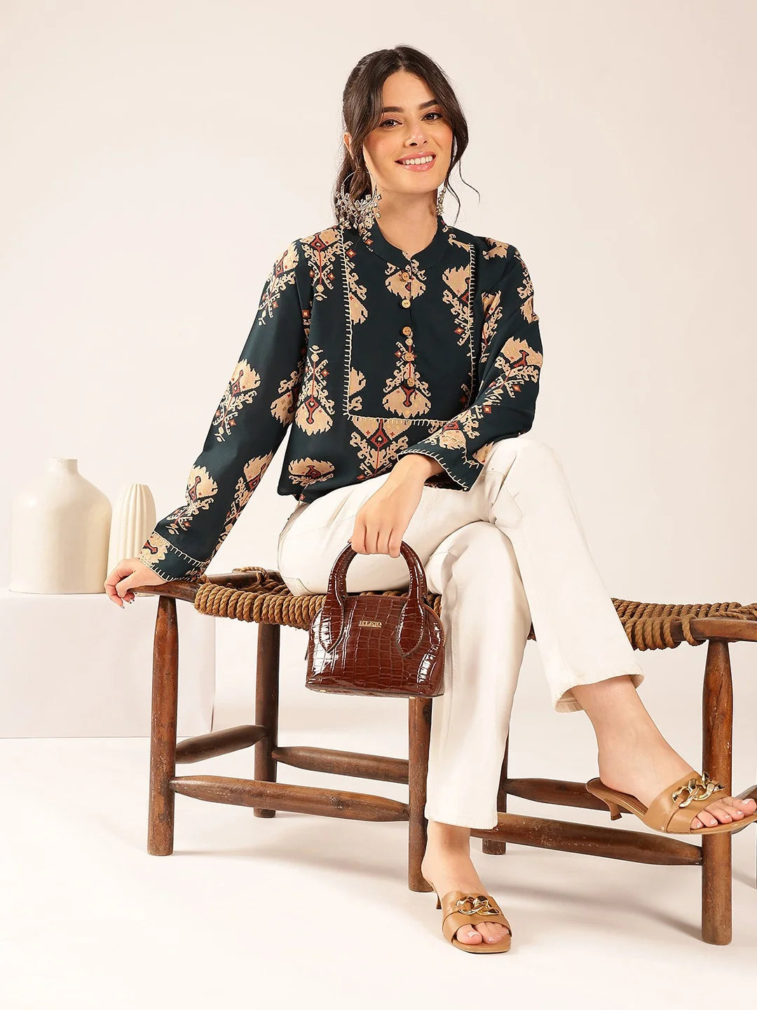 Premium Olive Green Cotton Printed Top for Women
