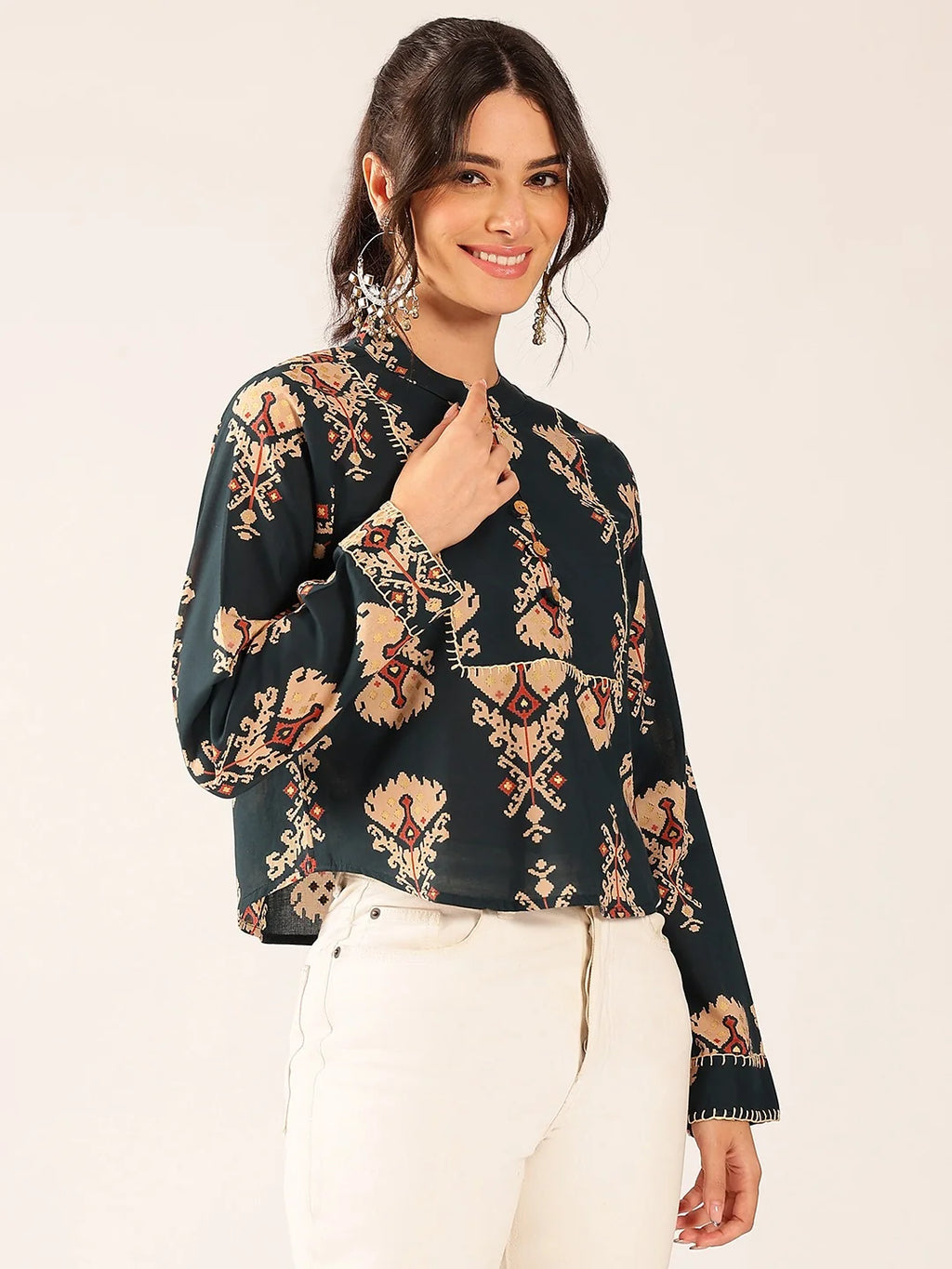 Premium Olive Green Cotton Printed Top for Women