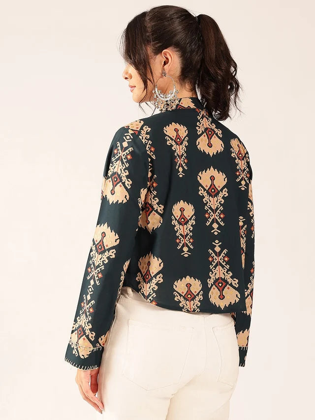 Premium Olive Green Cotton Printed Top for Women