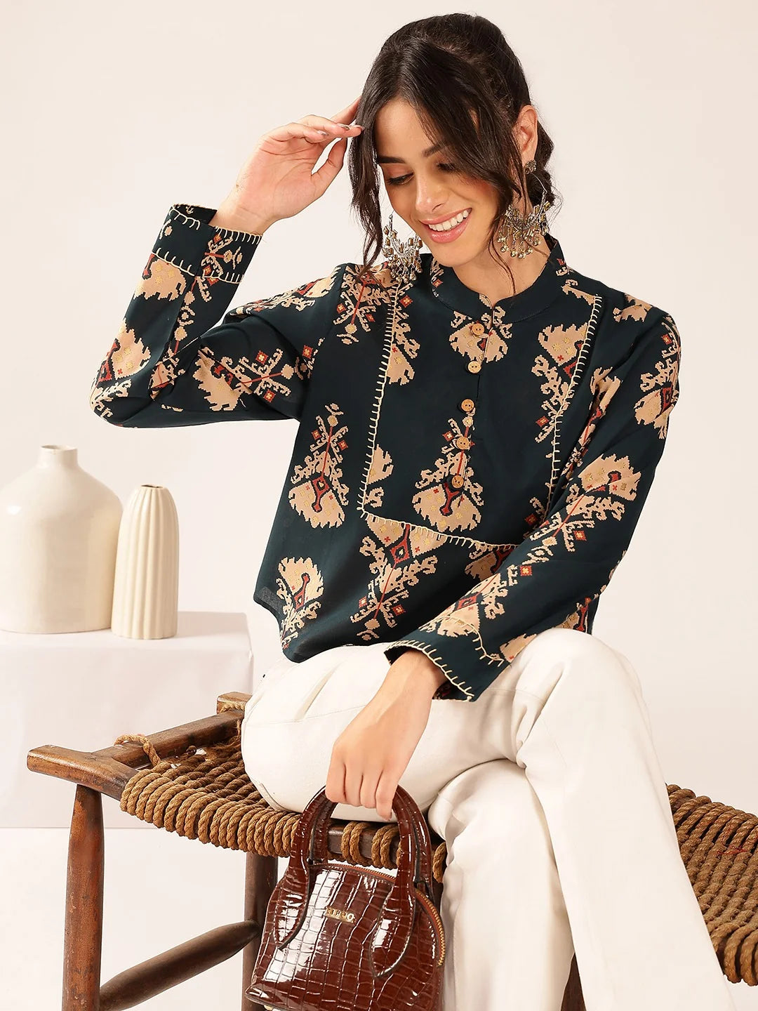 Premium Olive Green Cotton Printed Top for Women