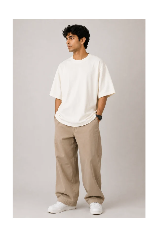 365BC men's off-white 240 GSM 100% cotton French Terry oversized T-shirt