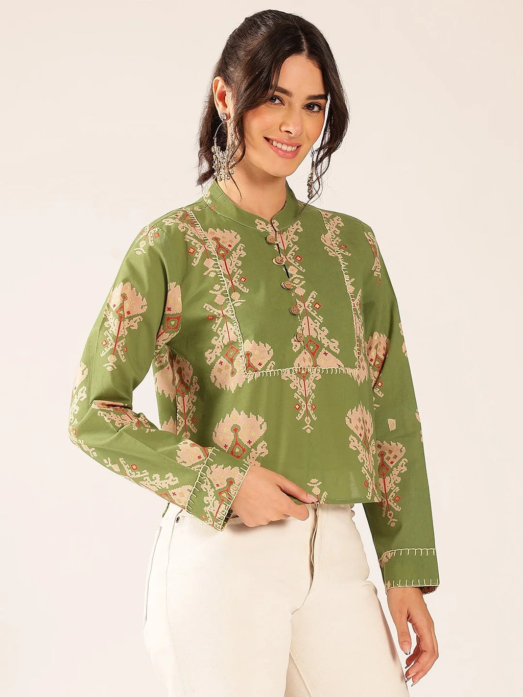 Premium Olive Green Cotton Printed Top for Women