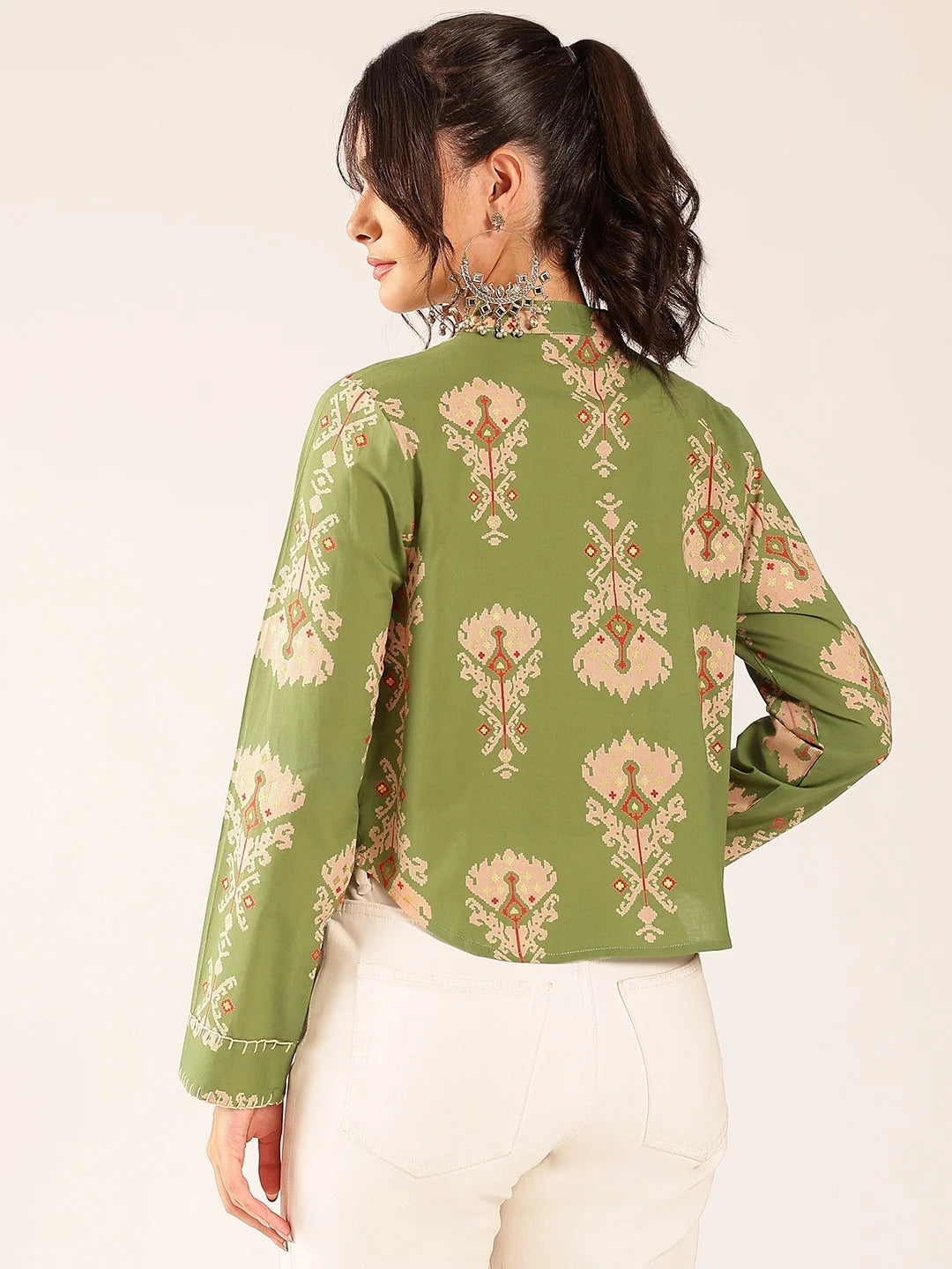 Premium Olive Green Cotton Printed Top for Women