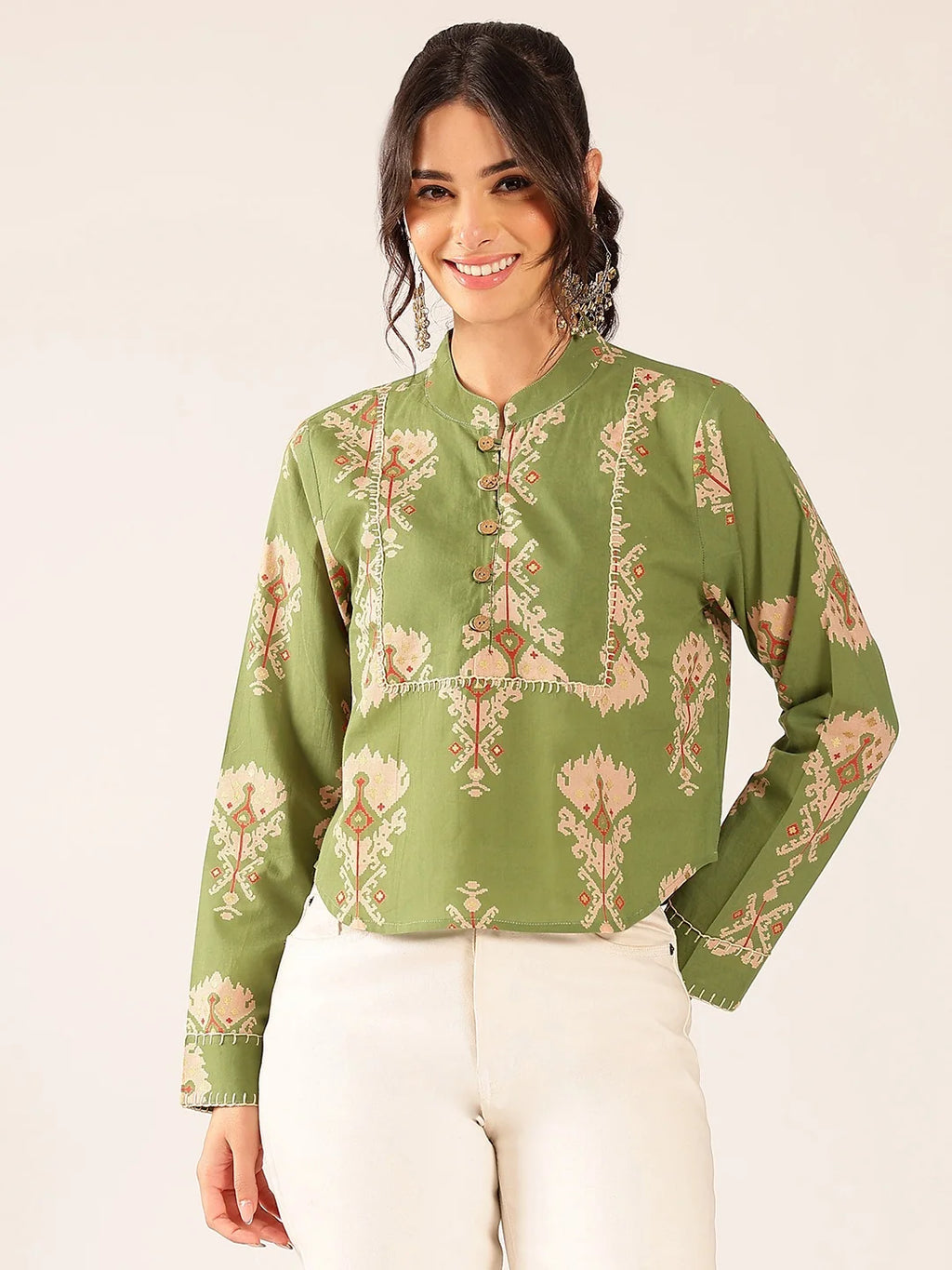 Premium Olive Green Cotton Printed Top for Women