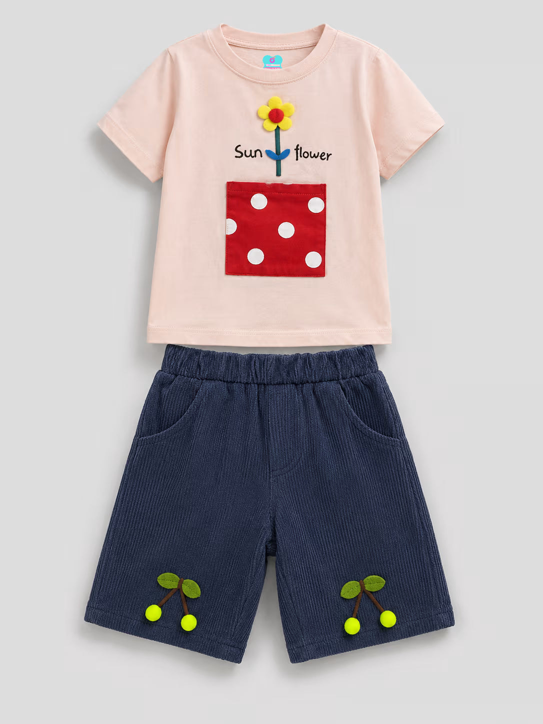 Pink sunflower T-shirt with navy shorts set for kids