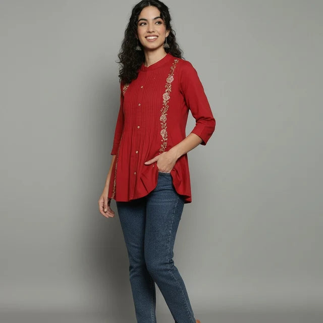 Women’s Yellow Cotton Embroidered Short Top