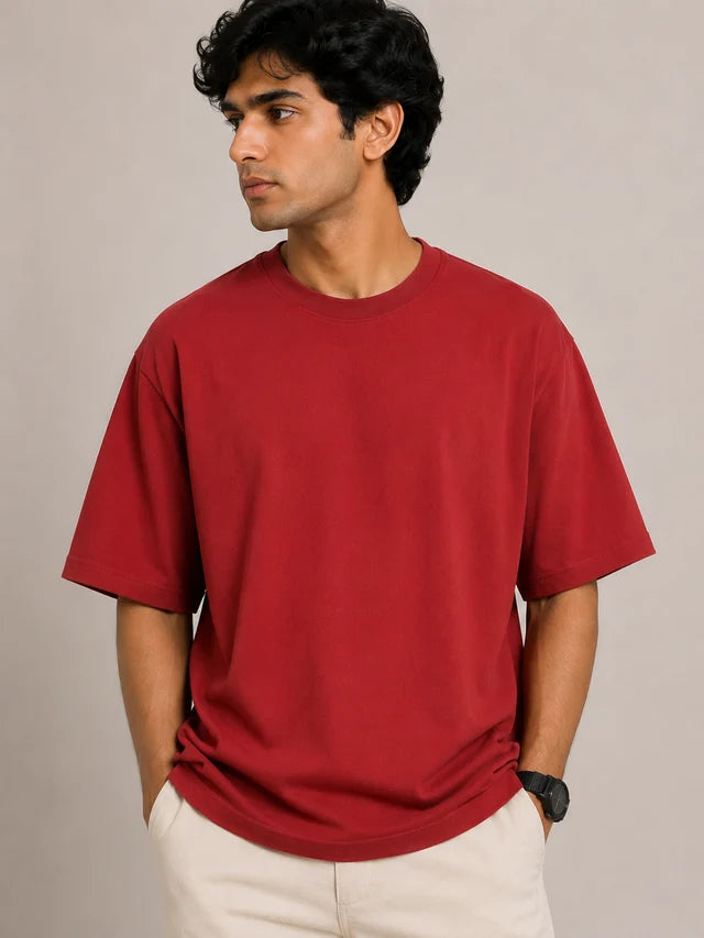 365BC men's red 240 GSM 100% cotton French Terry oversized T-shirt