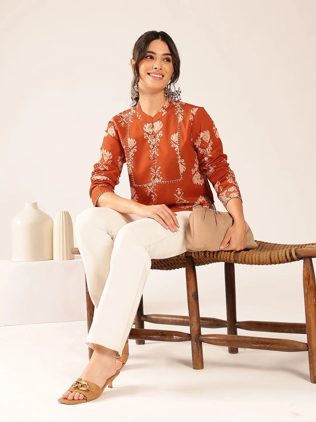 Premium Olive Green Cotton Printed Top for Women