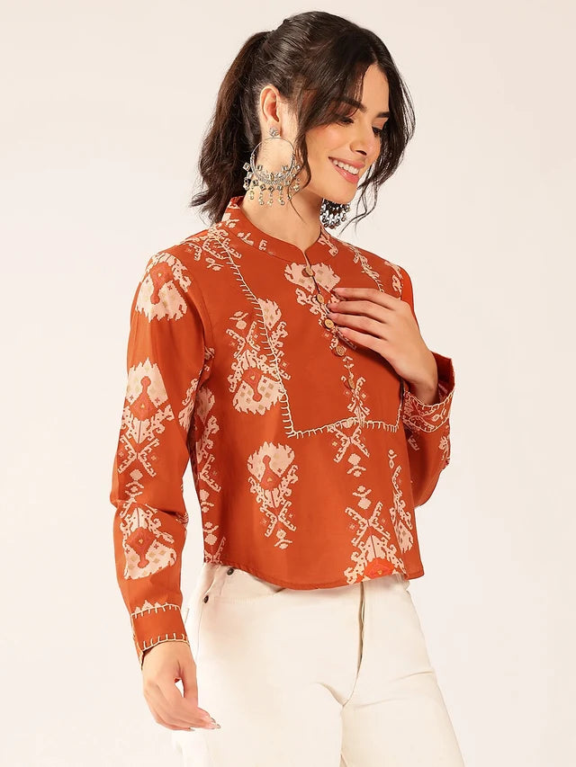 Premium Olive Green Cotton Printed Top for Women