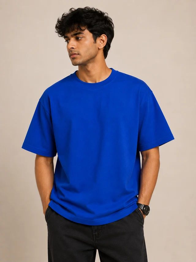 365BC men's royal blue 240 GSM 100% cotton French Terry oversized T-shirt
