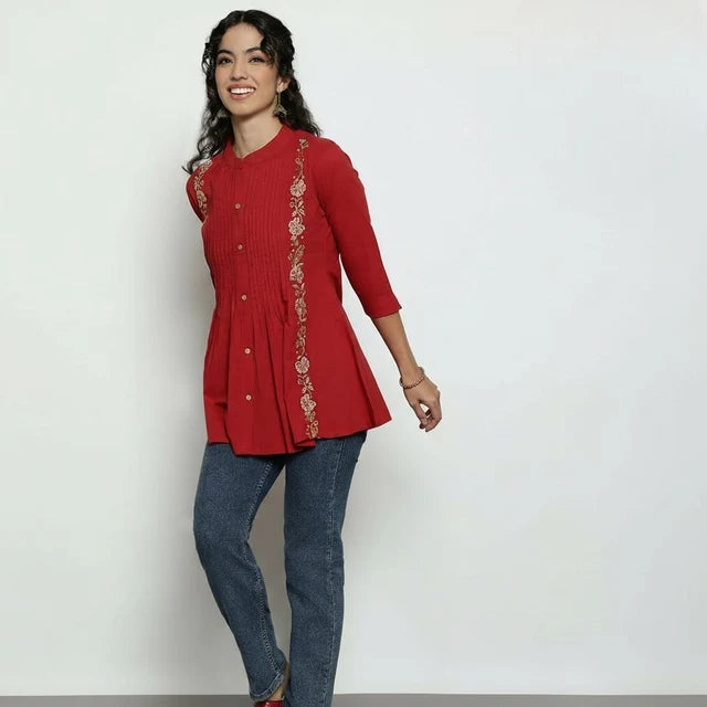Women’s Yellow Cotton Embroidered Short Top