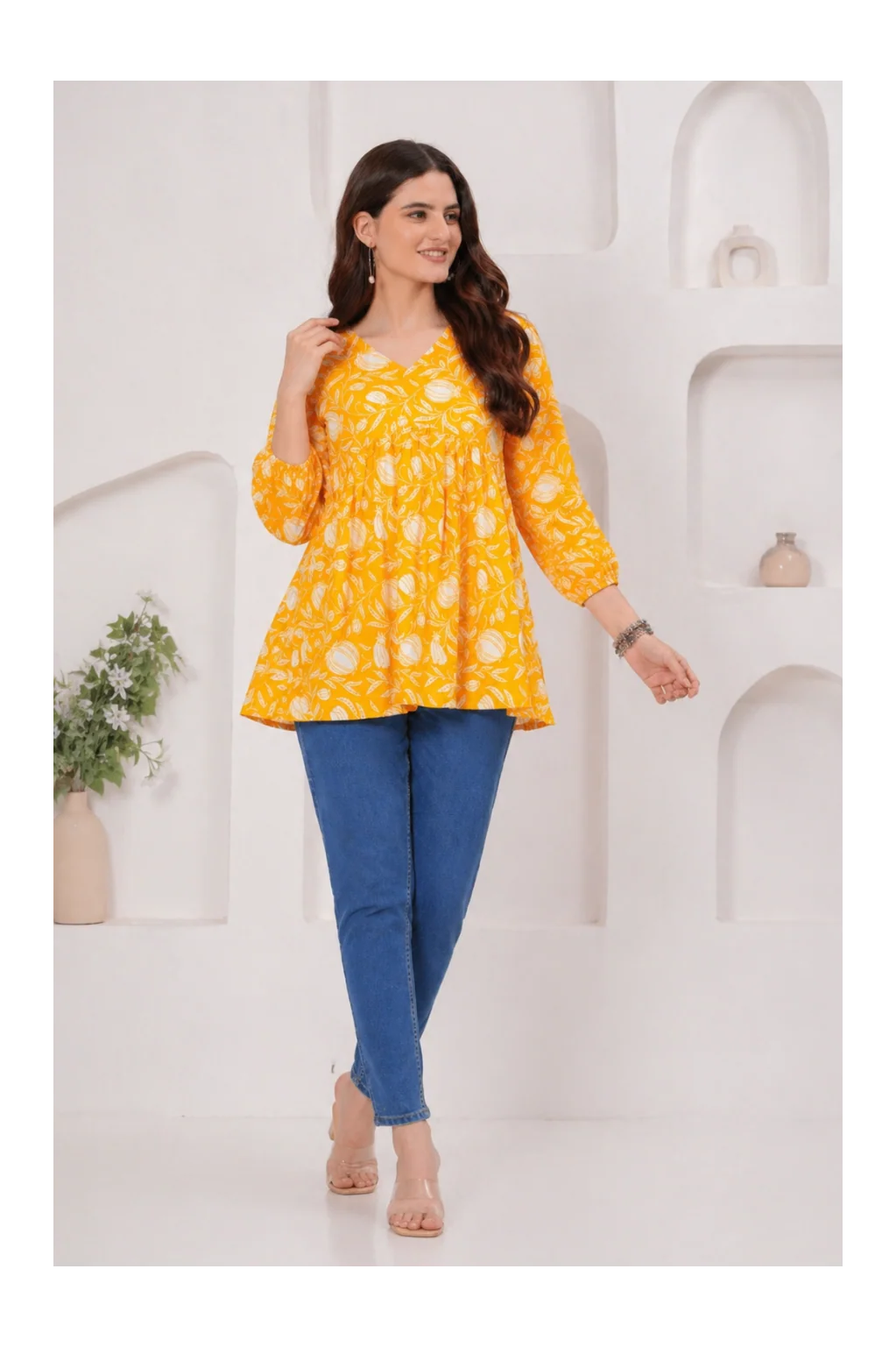 Yellow Floral Printed Cotton Alia Top