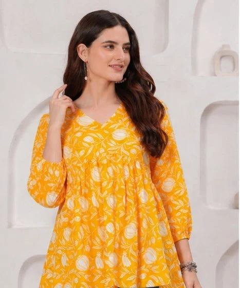 Yellow Floral Printed Cotton Alia Top