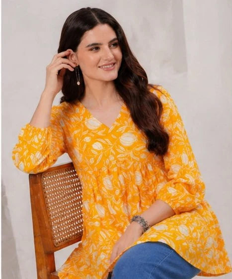 Yellow Floral Printed Cotton Alia Top