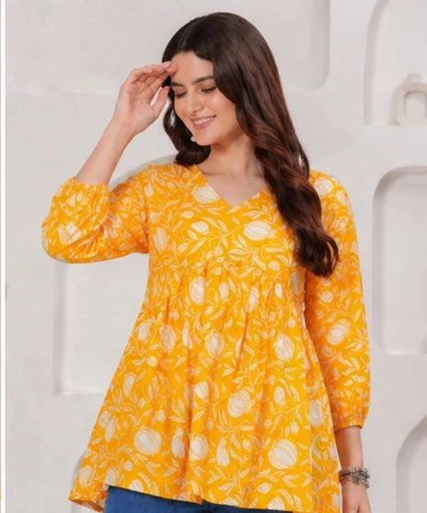 Yellow Floral Printed Cotton Alia Top
