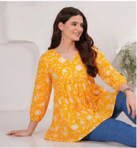 Yellow Floral Printed Cotton Alia Top
