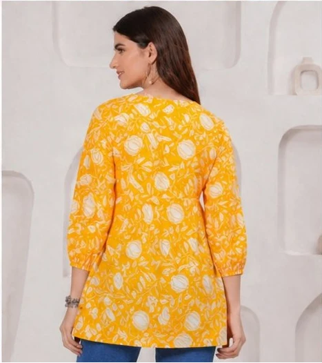 Yellow Floral Printed Cotton Alia Top