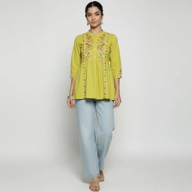 Women’s Yellow Cotton Embroidered Short Top