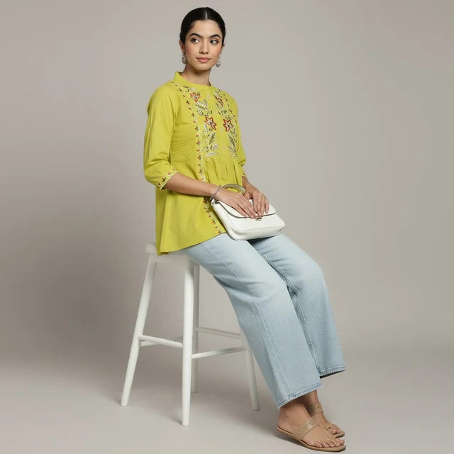Women’s Yellow Cotton Embroidered Short Top