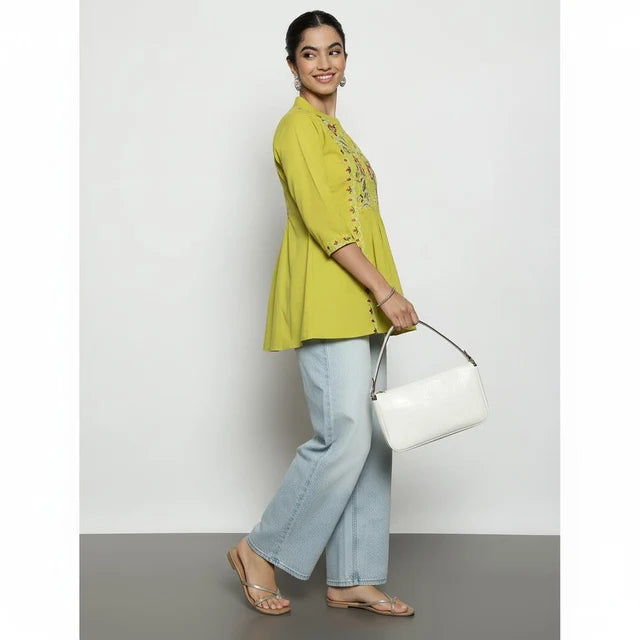 Women’s Yellow Cotton Embroidered Short Top